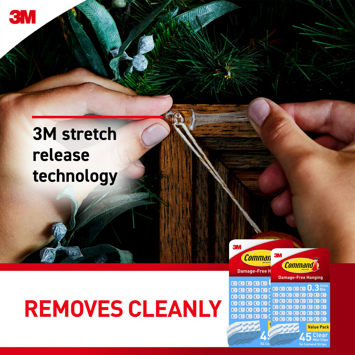 Command Indoor Mini Light Clips, Damage Free Hanging Christmas Light Clips, Mini Wall Clips for Hanging Indoor Christmas Decorations, Lights and Cables, 90 Clear Clips and 108 Strips