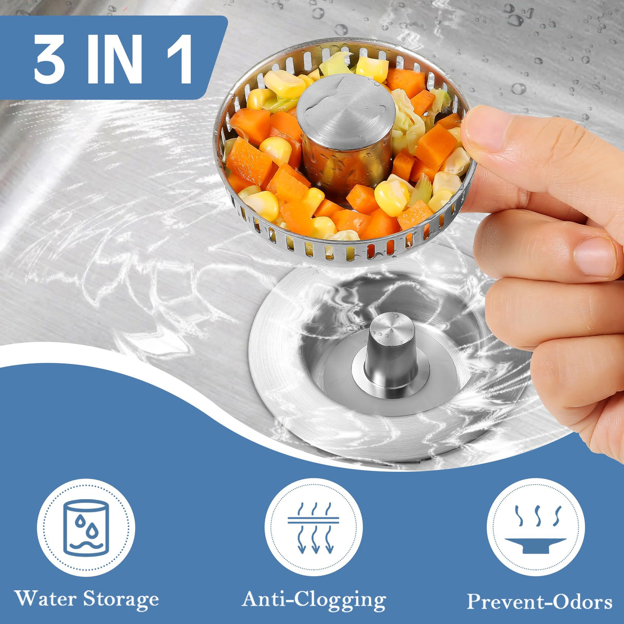 Kitchen Sink Drain Strainer 2 Pack, 304 Stainless Steel Pop Up Sink Stopper, Anti-Clogging Sink Drain Strainer for US Standard Kitchen Drain (SUS304 Brushed)