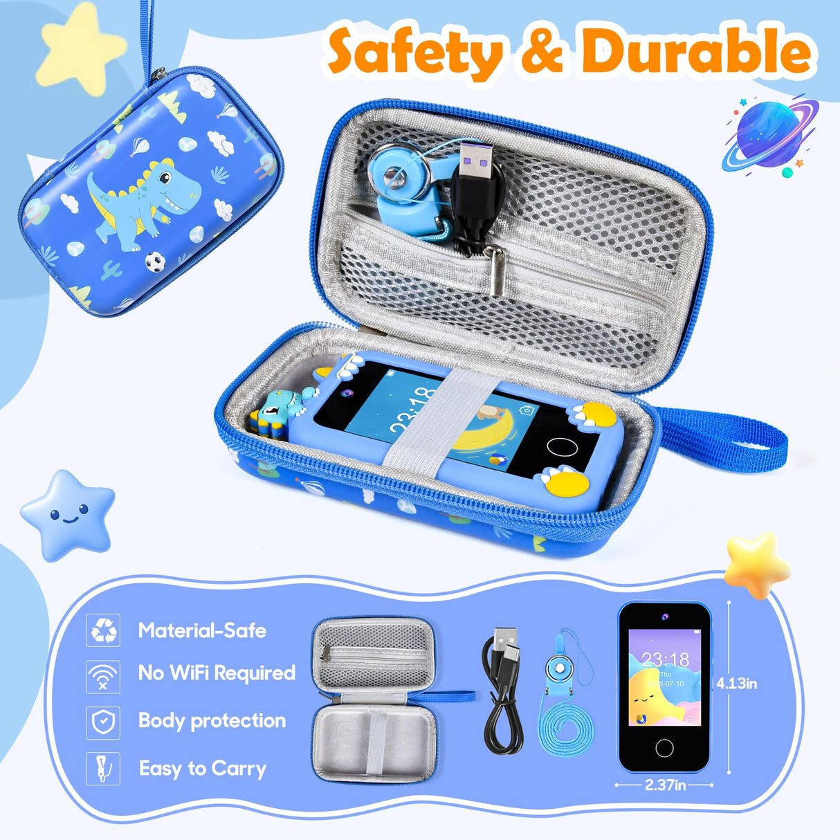 Jusvenmt Kids Phone for Boys, Dinosaur Toy Phone Christmas Birthday Gifts for Boy Ages 3-10, Toddler Learning Phones with Touchscreen, 44 Game, Dual Camera, Music Player, 32GB Card & Dino Bag (Blue)