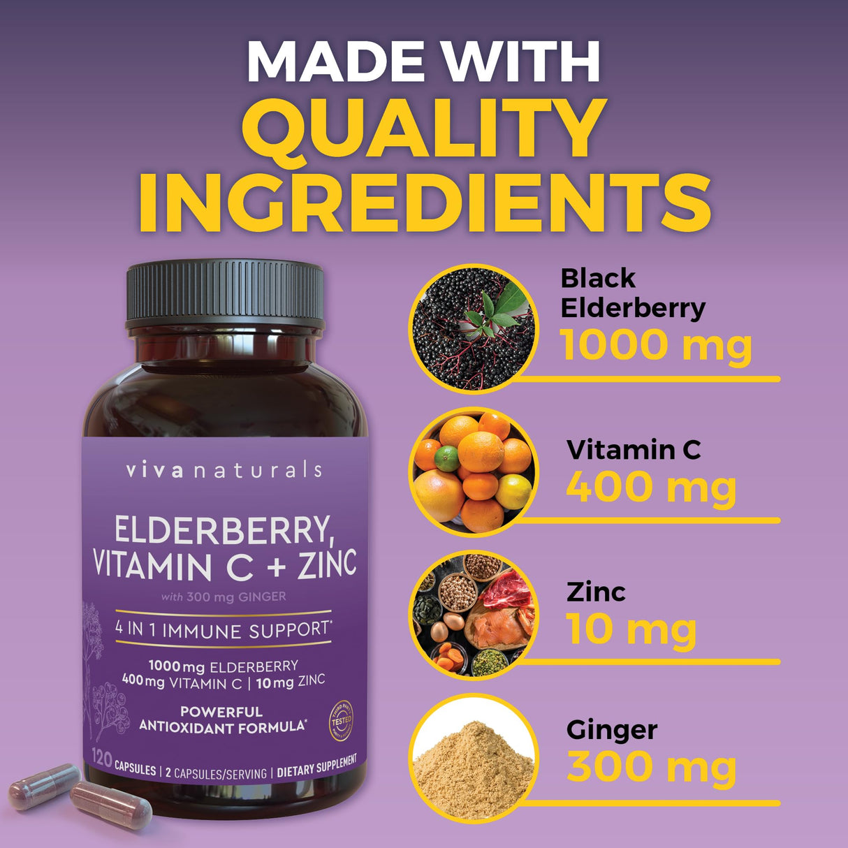 Viva Naturals Elderberry with Vitamin C and Zinc (120 Capsules) - 1000mg Sambucus Elderberry Immune Support Supplement, Black Elderberry Capsules for Adults, Elderberry Vitamins - 2 Months Supply