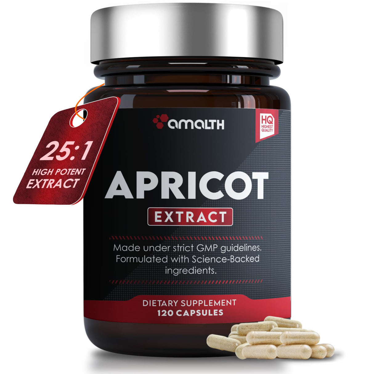 AMALTH Apricot Extract Supplement Capsules (25:1) 120 Capsules 500mg per Capsule, 1000 mg Servings (Pack of 1) (Herbal, Vegan, Non-GMO and Gluten Free)