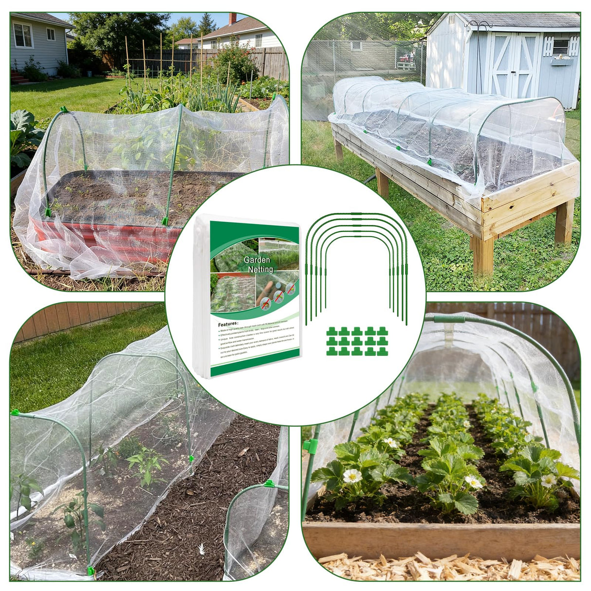 Garden Netting Kit for Raised Beds, Ultra Fine Garden Mesh Netting 8x20ft & 5 Sets Garden Hoops with Clips, Row Cover Net Protection Plant Covers Set for Greenhouse Vegetable Fruits Flowers Barrier