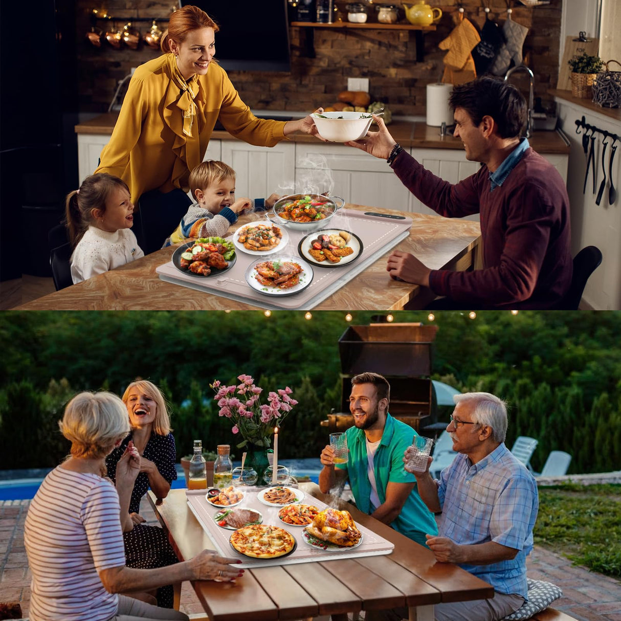 FYY Warming Mat for Food with Heat Resistant Pad, Prevent Countertop Cracks, Keep Meal Warm, Rapid and Full Surface Heating, 6 Temp Settings, 6H Timer, Upgraded Rollable Portable Food Warmer Mat Pink