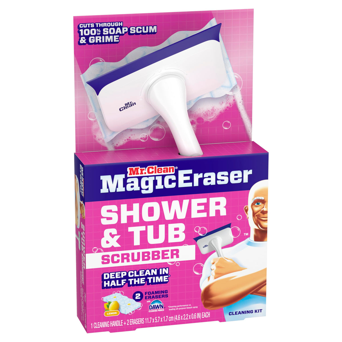 Mr. Clean Magic Eraser Shower & Tub Scrubber, Bathroom Cleaner, All in One Bathroom Cleaner, Lemon Starter Kit, 2 Scrubber, 5 Foaming Magic Erasers, 1 Whole Home Extra Durable Magic Eraser