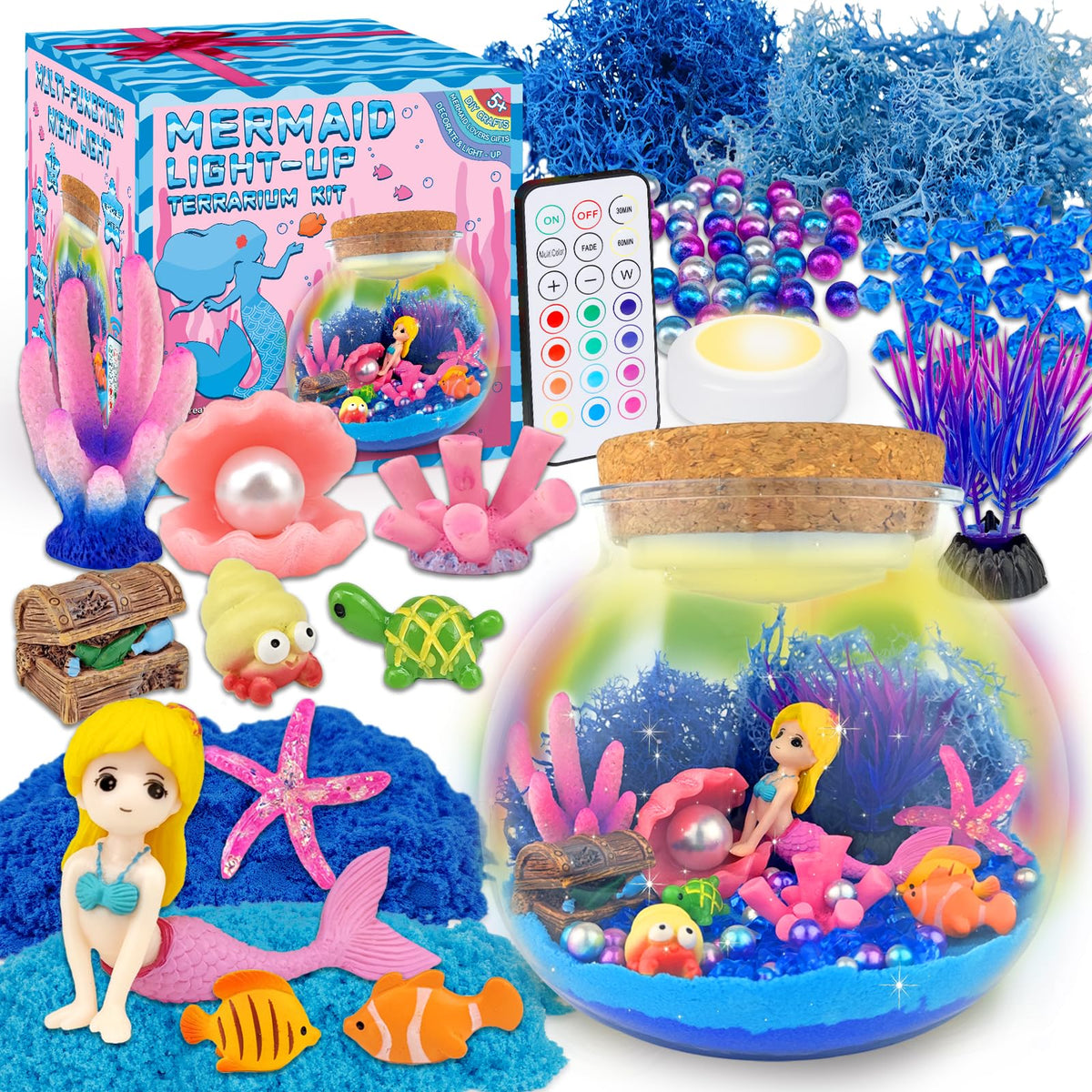 7july Mermaid Terrarium Craft Kit for Kids - LED Night Light Up & Remote Mermaid Birthday Gifts Toys for Girls Age 5 6 7 8 9 10 11 12 Year Old