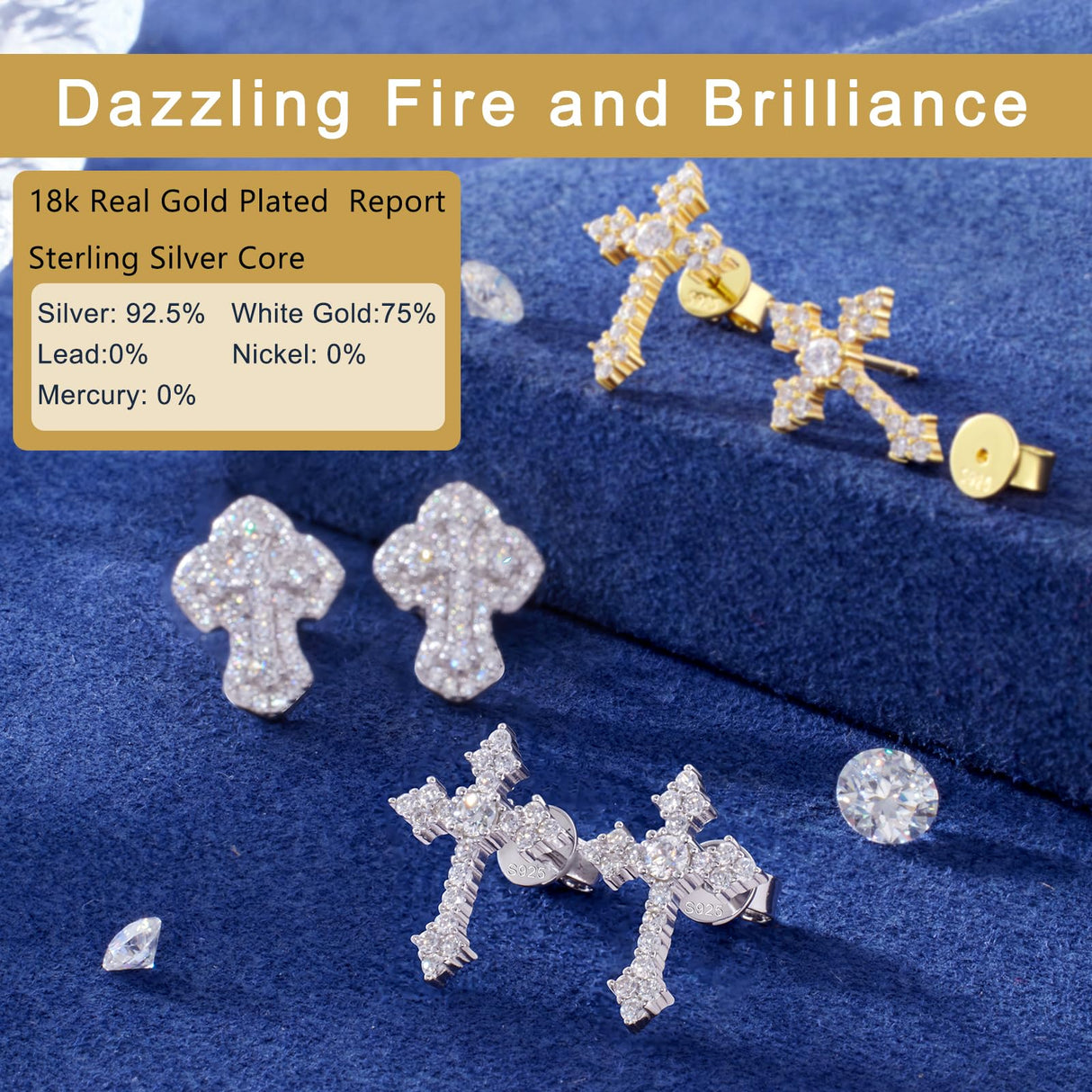 Moissanite Cross Earrings for Men Women, 0.5 Carats 18k Gold Plated Sterling Silver Cross Stud Eearrings D Color VVSI Moissanite Stud Earrings Crucifix Jewelry (Silver)