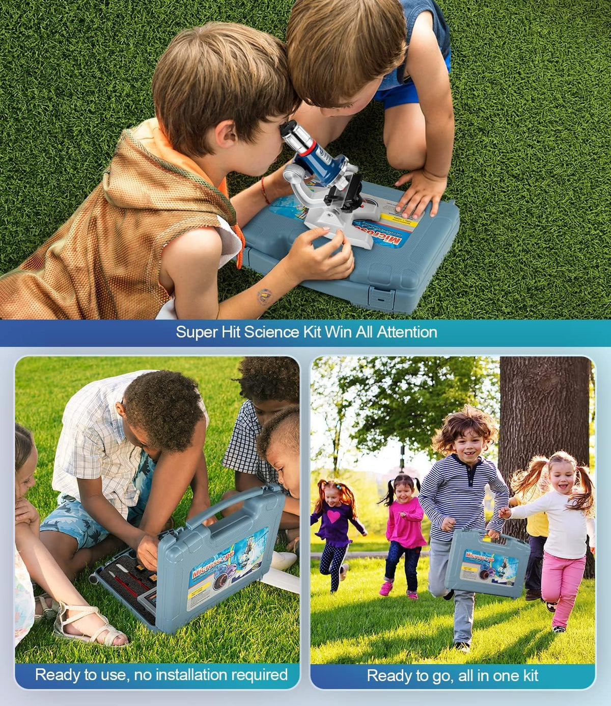 58-Piece Kids Microscope Kit - 100X-1200X Magnification, Metal Body, LED Light, Carrying Box - Science Experiment Toy for Kids Ages 5-12