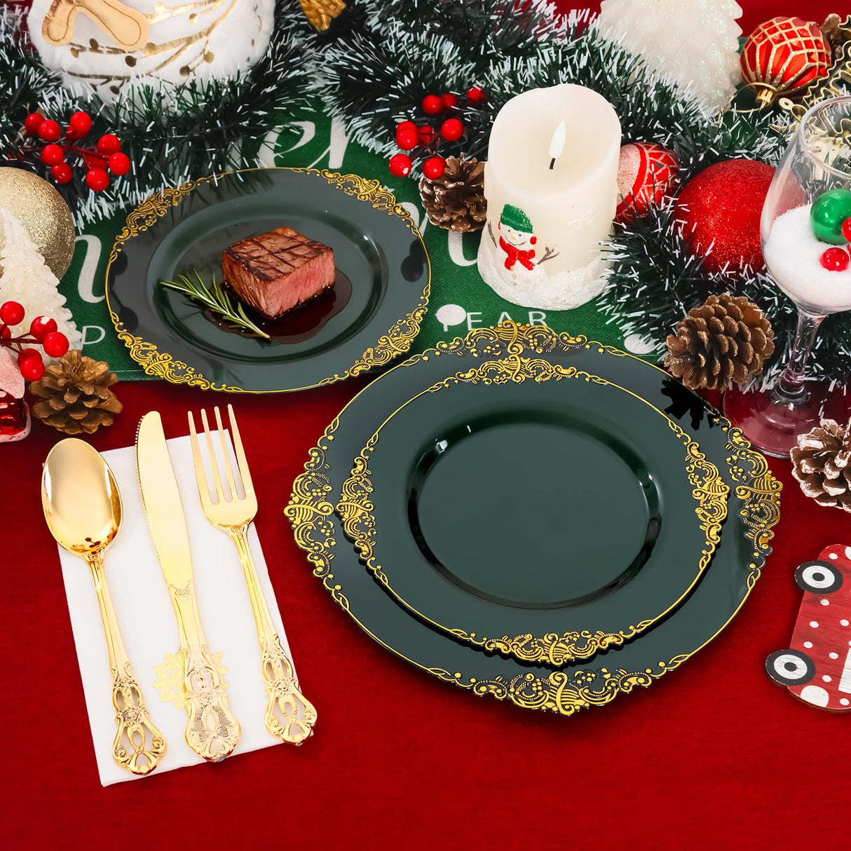Joyido 102PCS Green and Gold Plates - Green Plastic Plate - Fancy Heavy Duty Disposable Plates - Heavyweight Disposable Dinner & Dessert Plate for 51 Guests for Party & Christmas