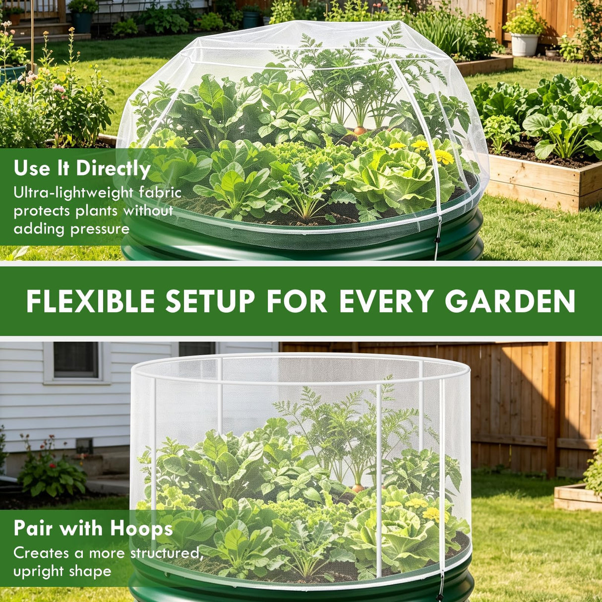 2 Pcs Garden Netting for Raised Beds for 2 FT Dia x 1 FT H Round Raised Beds Fine Mesh Plant Protection Covers with Drawstring & Zipper for Vegetables Herbs Flowers Seedlings