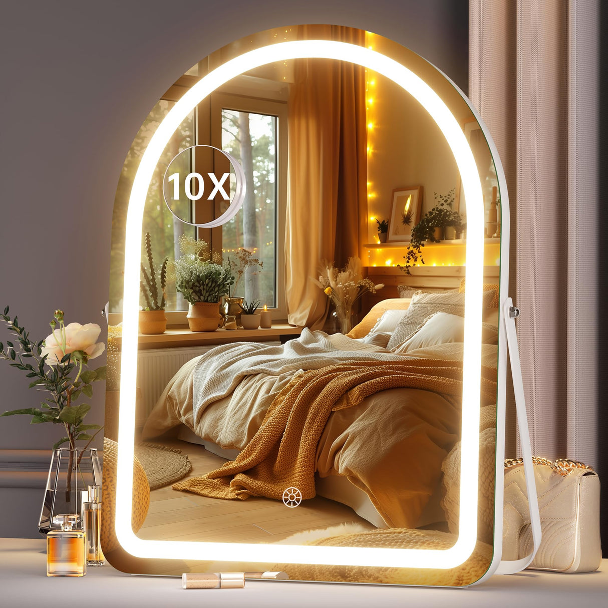 Hasipu Vanity Mirror with Lights, 14"× 18" Arched LED Makeup Mirror, Lighted Makeup Mirror with Lights, Smart Touch Control Dimmable 3 Modes Light 360°Rotation White