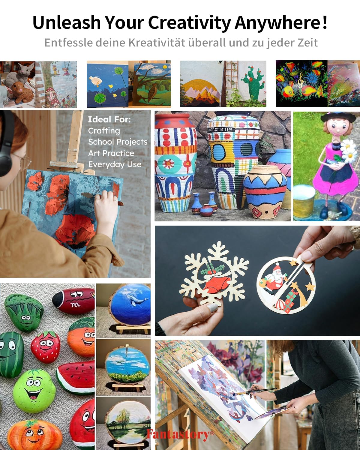 Fantastory Acrylic Paint Set, 24 x 60 ml with 12 Brushes; Christmas Acrylic Paint, Waterproof; For Artwork & DIY Projects on Canvas, Wood, Glass, Clay, Fabric, Ceramic, Paper, Canvas