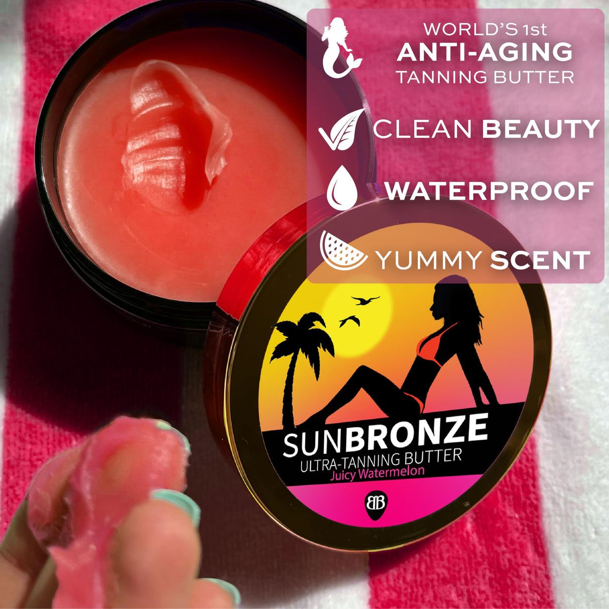 BANGBERRY Original Sun Bronze Ultra Tanning Butter - Juicy Watermelon, Use in the sun outdoor or tanning bed Better than tanning oil Tan faster with premium natural ingredients Safe for Sensitive Skin