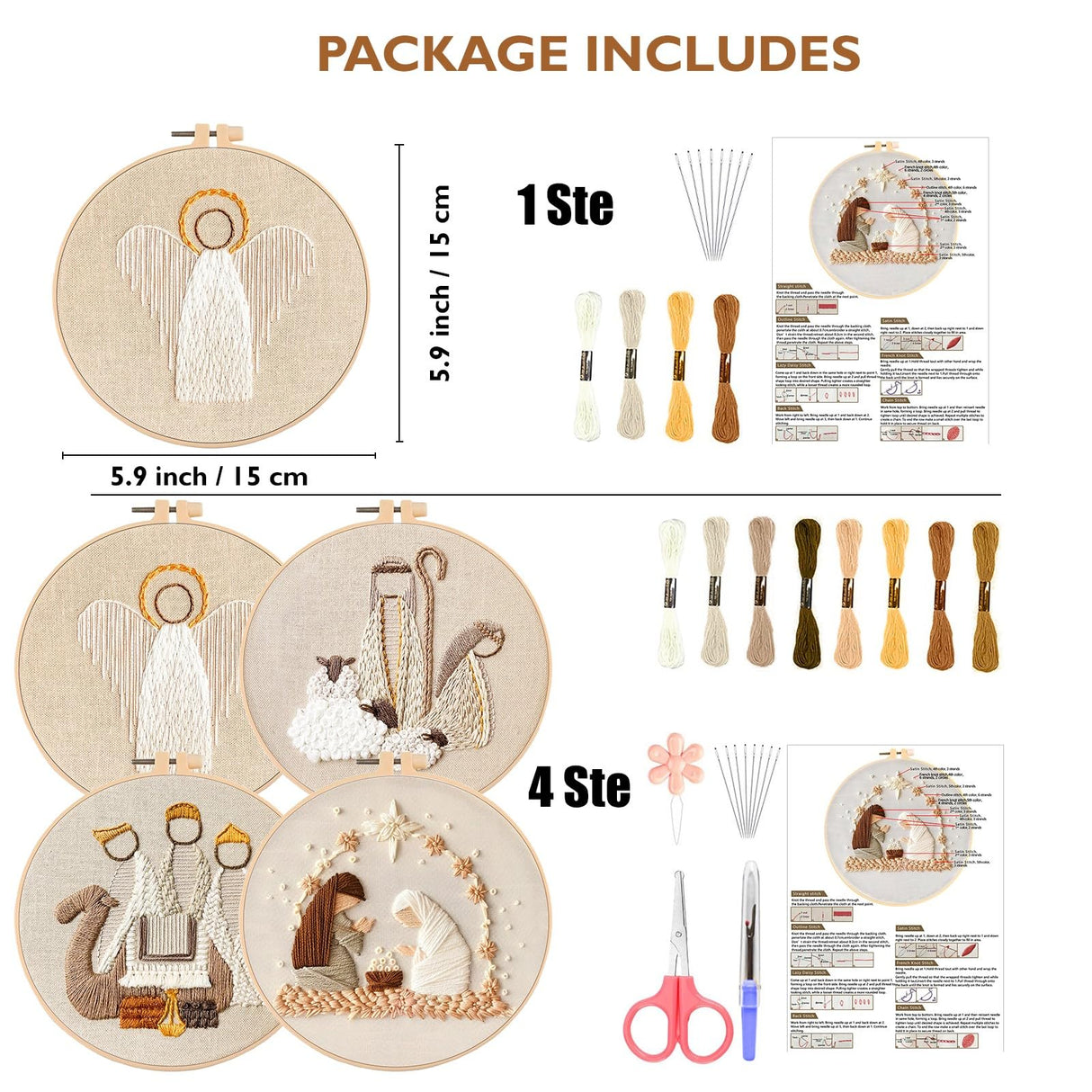 4 Set Nativity Scene Embroidery kit, Christmas Cross Stitch Kits, Beginner Embroidery Kit for Adults, DIY Embroidery Kit for Decor Home Room(Christmas Embroidery C 4 Set)