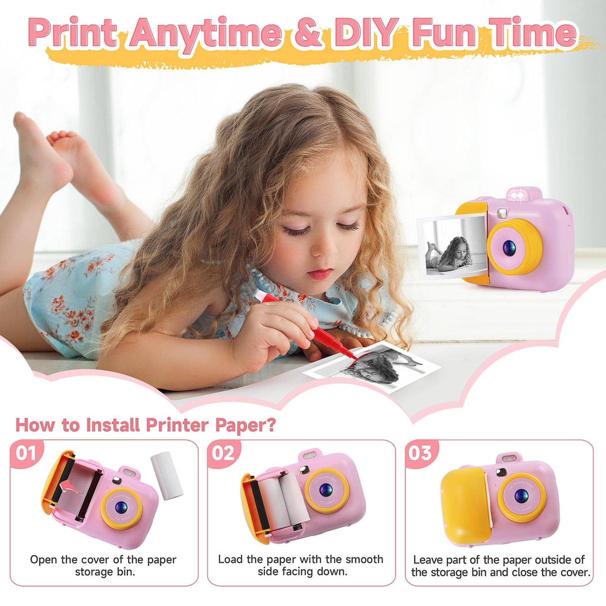 Kids Camera Instant Print for Girls Boys Age 3-12 Kids Toys, 12MP 1080P Kids Digital Cameras Christmas Birthday Gifts for 4 5 6 7 8 9 10 Year Old Girls, Toddler Camera