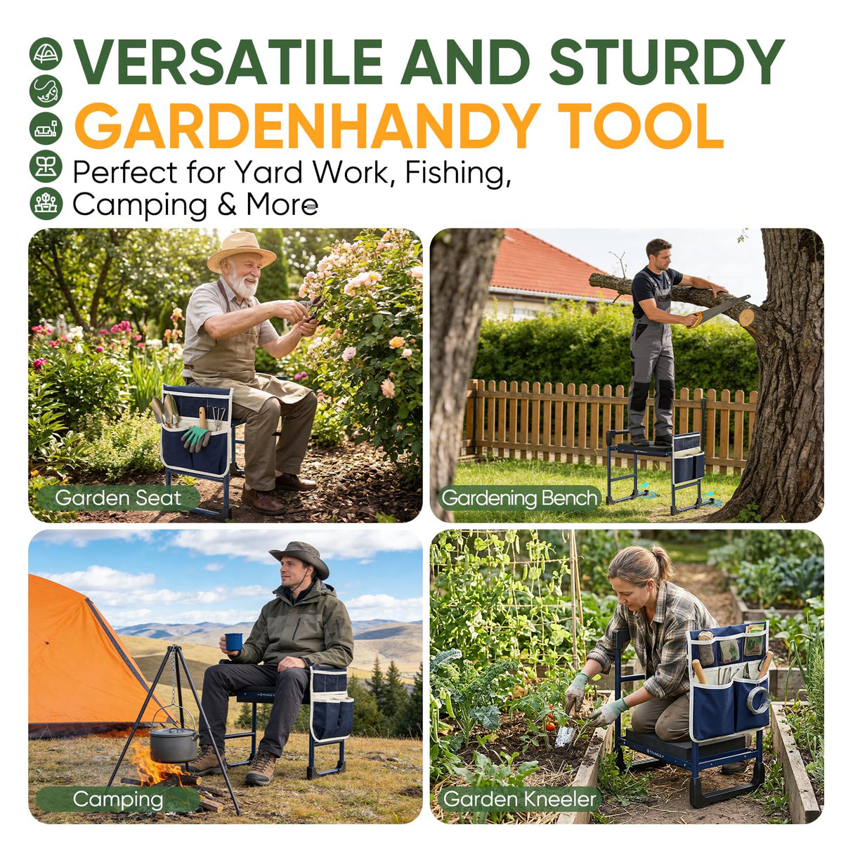 TITIUNCLE Garden Kneeler and Seat, Heavy Duty Anti-Tip Foldable Gardening Stool Bench Kneeler with Widened Thicken Kneeling Pad & Tool Bag, Gardening Gifts for Seniors, Gardeners, Women, Men, Fathers