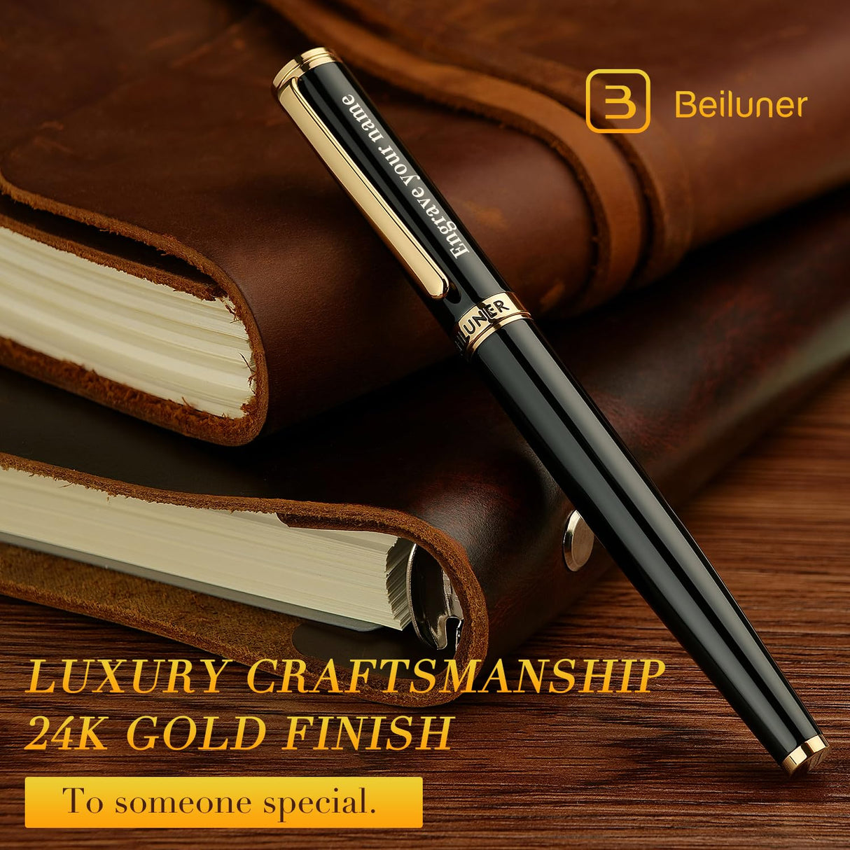 BEILUNER Black Personalized Pen,Stunning Luxury Lacquer With 24K Gold,Schneider Ink Refills,Multiple Fonts To Custom Rollerball,Gift Pen For Men & Women,Executive,Graduation,Christmas,Nice Pens