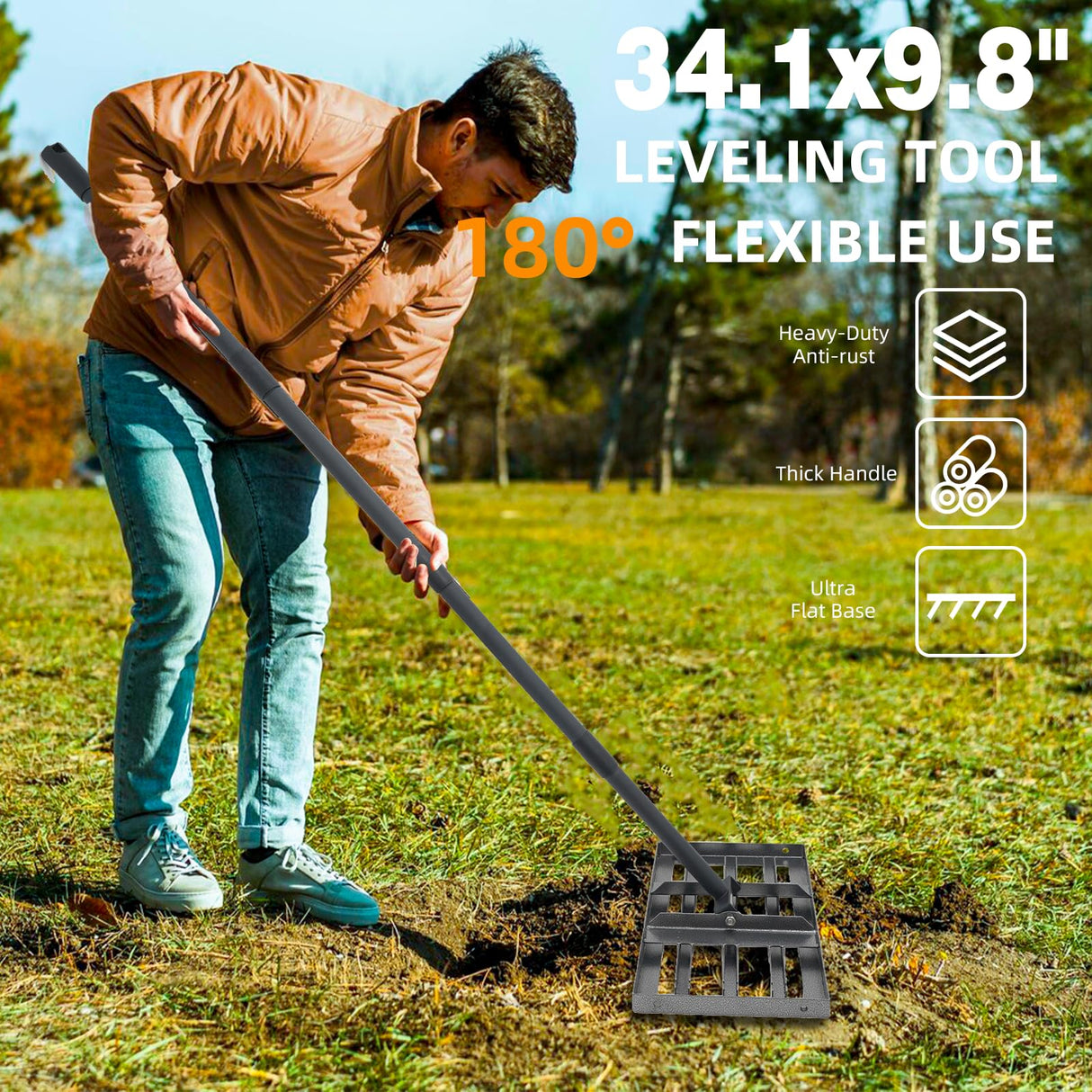 Lawn Leveling rake 17"x9.4" Levelawn Tool with 70.5" Adjustable Long Handle Heavy Duty Landscape Leveling Rake Lawn Leveler Yard Tool for Backyard, Golf Course, Garden, Pasture, Farm