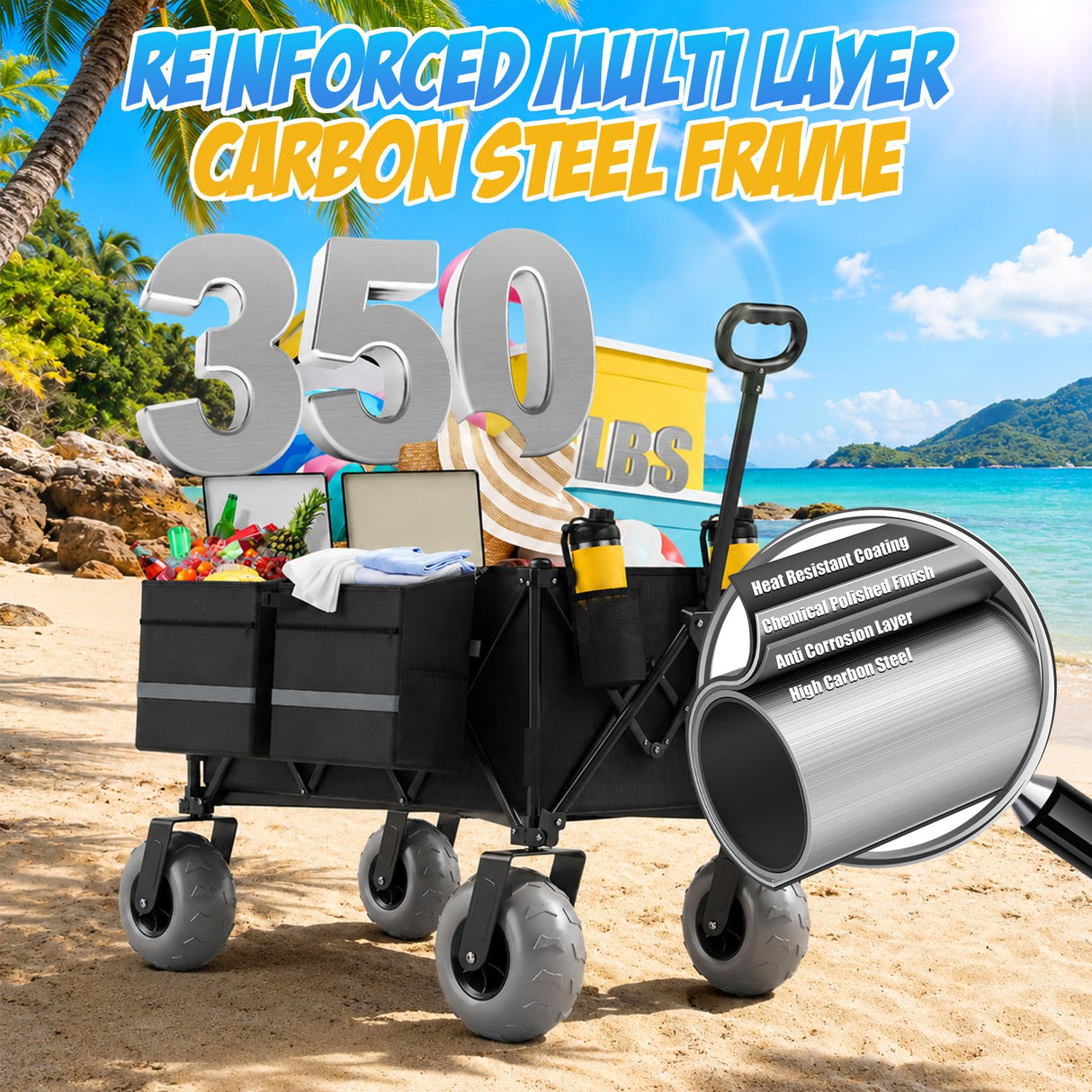 Beach Wagon with Big Wheels for Sand, 350lbs Heavy Duty Folding Wagon, Oversized 180L, 9" PVC All-Terrain Wheels, Adjustable Handle, Cooler & Storage Bags for Beach, Camping & Outdoor Sports (Black)