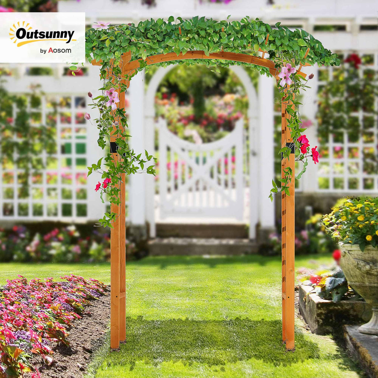 Outsunny 90in Wood Garden Arbor Arch with Trellis Wall Decor for Party