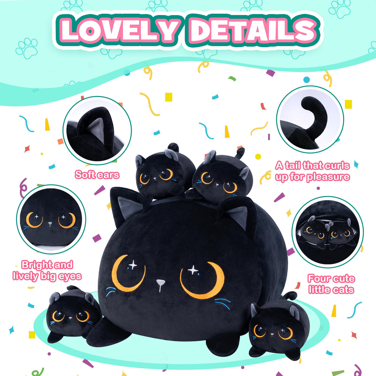 YIIQUWEN Black Cat Plush Cute Cat Stuffed Animal with 4 Baby Soft Pillow Christmas, Thanksgiving, Birthday Gift for Girls Boys Kids Decor