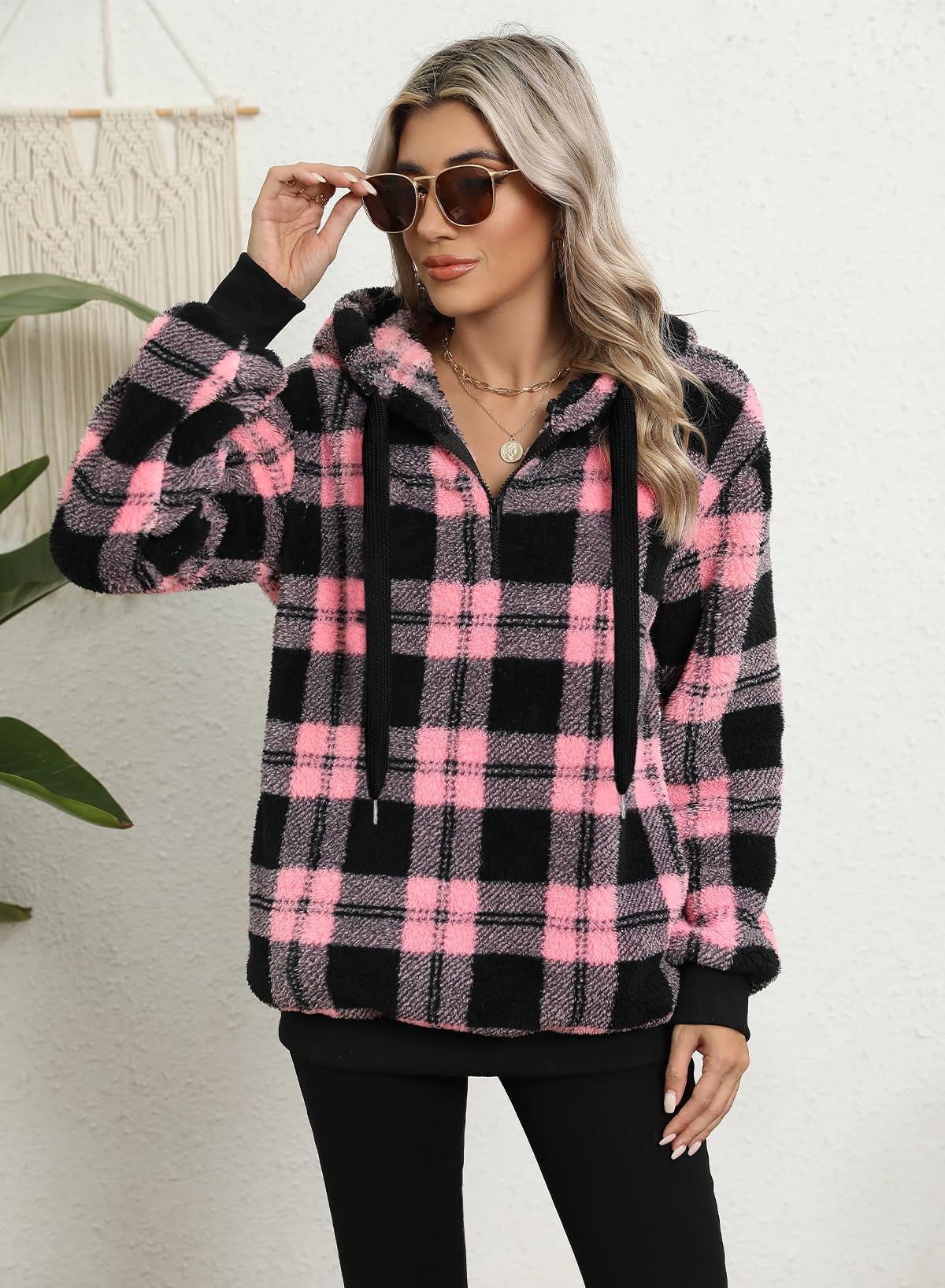 Nirovien Womens Sherpa Hoodie Fuzzy Sweatshirt Fleece Jacket Christmas Sweatshirt Pink Plaid Fluffy Sweaters(Plaid Pink Black,L)