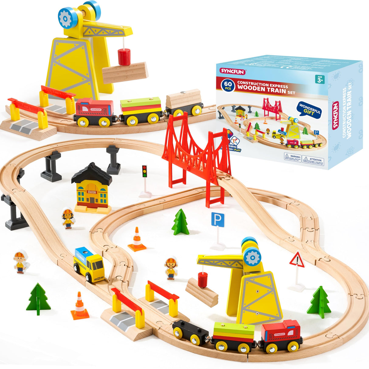 60PCS Wooden Train Set - Toy Magnetic Trains with Wooden Track Set for Kids Ages 3-8, Construction Crane Railway Set, Perfect Christmas Birthday Gift for Grandkids Toddlers Boys Girls