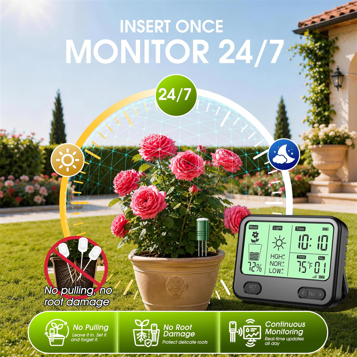 Soil Moisture Meter for Plants,4-in-1 Wireless Soil Tester,Soil Thermometer/Moisture/Sunlight Time,Large Screen,Indoor/Outdoor Plant Water Meter,Garden Soil Test Kit for Lawn,Farm,Houseplants