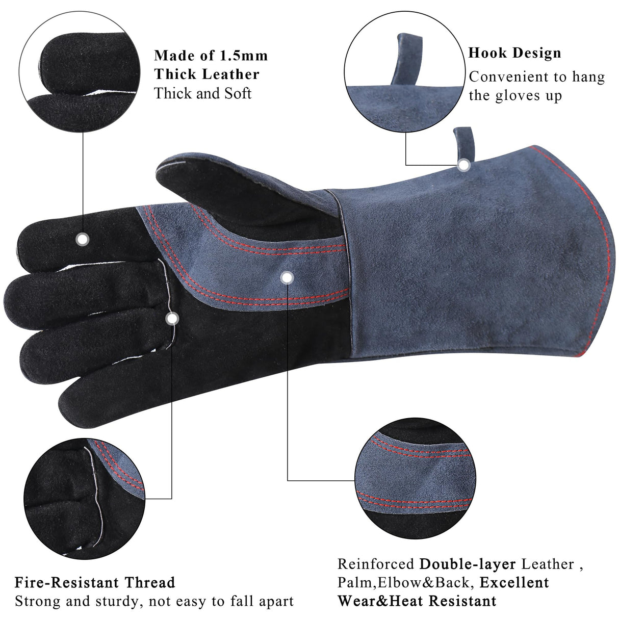 RAPICCA Fireplace Gloves Fire Heat Resistant: Grey 16IN 662℉- Fireproof Leather for Fireplace Fire pit Wood stove Campfire Furnace BBQ Grill Oven Stick Mig Welding Welder Gear - Birthday Gift for men