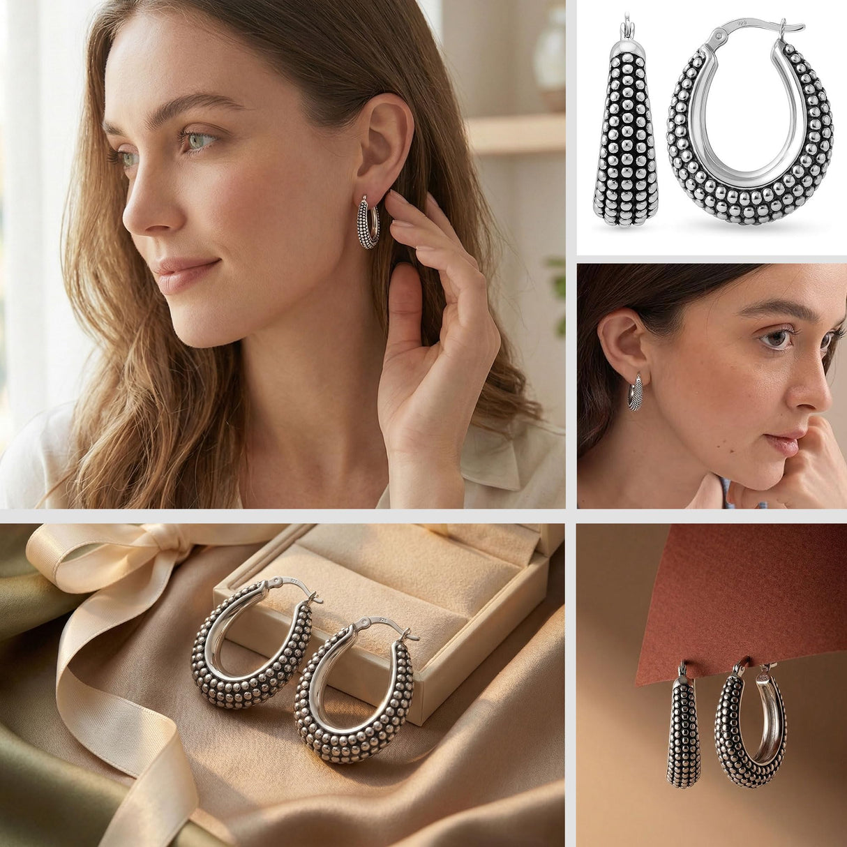LeCalla 925 Sterling Silver Caviar Hoop Earrings Medium Oval Antique Oxidized Lightweight Click-Top Beaded Hoops for Women - 27MM