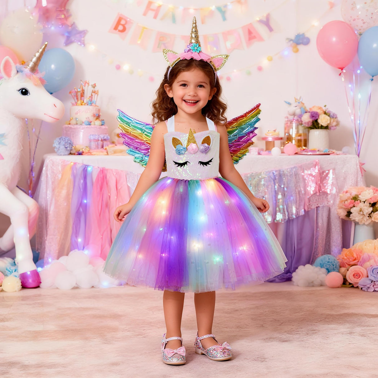 Davsolly Unicorn Costume for Girls Led Light Up Unicorn Princess Tutu Outfit for Halloween Dress Up Birthday Christmas Gifts