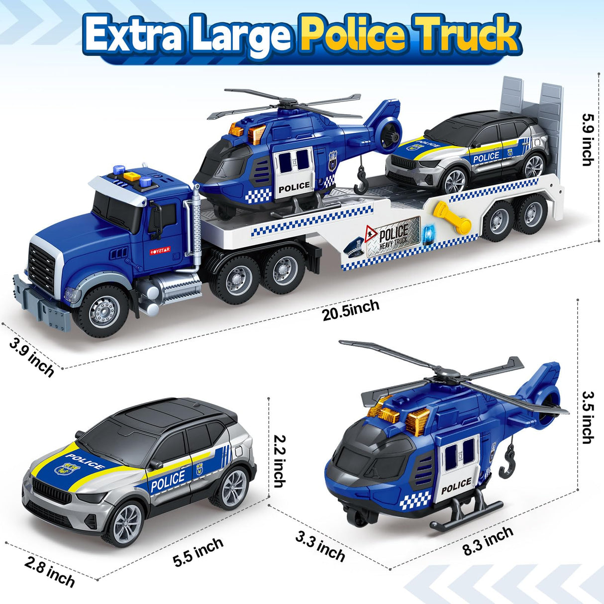 Kids Toys for 3 4 5 6 7 8 Years Old Boys, 20.5" Police Truck Toy with Racing Car and Helicopter, Toddler Friction Powered Truck Vehicle Toy with Lights, Sounds for Boys Girls Christmas Birthday Gifts