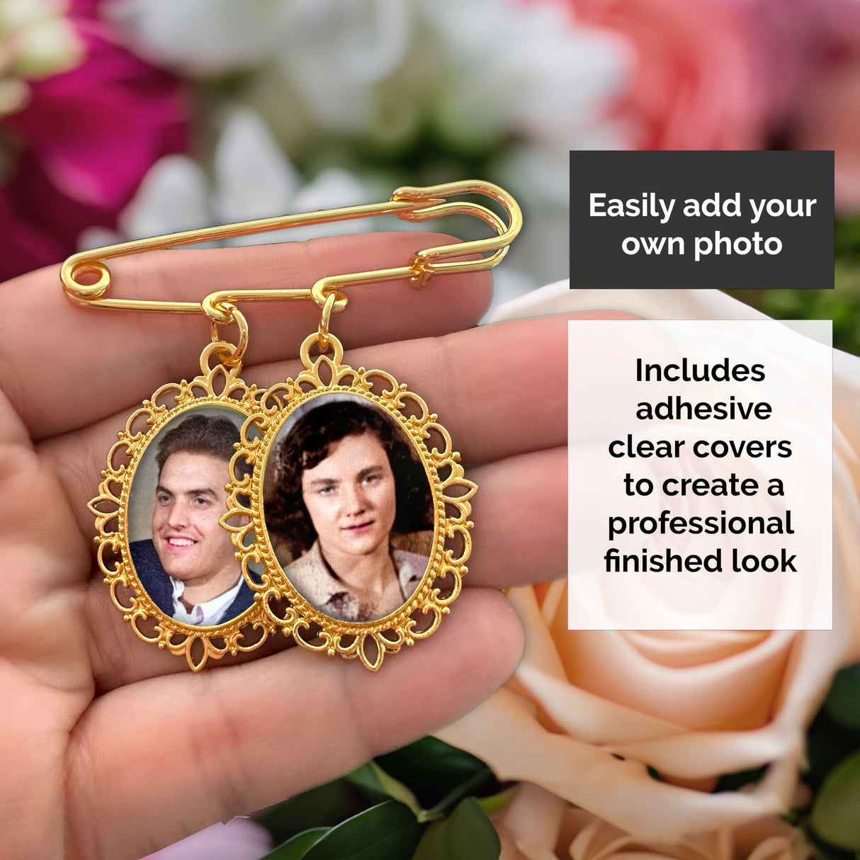 Gold Wedding Bouquet Photo Charm Pin Holds 2 Pictures Double Photo Charm Boutonniere Pin with Resizer