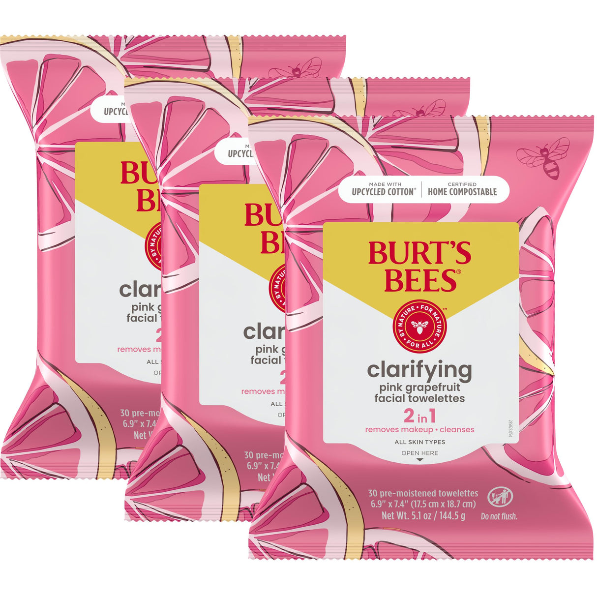Burt's Bees Stocking Stuffers, Pink Grapefruit Face Wipes, for All Skin Types, Hydrating Makeup Remover & Facial Cleansing Towelettes, Skin Care Christmas Gifts, 30 Ct. (3-Pack)