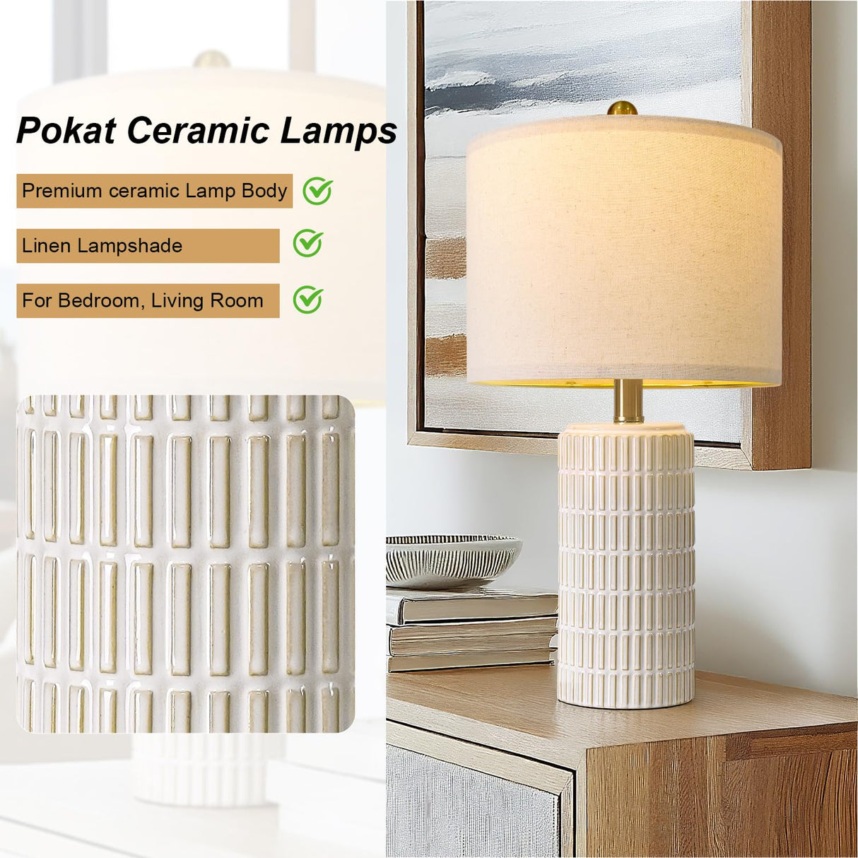 PoKat 20.75" Small Modern Ceramic Table Lamps Set of 2 for Bedroom, White Bedside Lamps for Night Stands, Farmhouse Desk Home Decor Gift Nightstand Table Lamps for Living Room End Table Beige