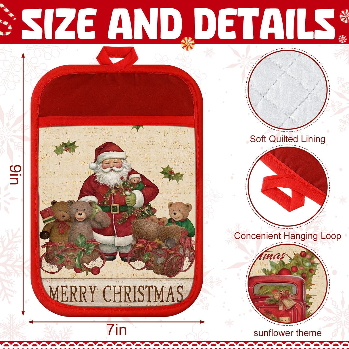 Jingmore 12 Pcs Christmas Pot Holders with Pocket Xmas Retro Pot Holders for Kitchen Winter Hot Pads Oven Mitts Cookie Bag Cute Heat Resistant Farmhouse Oven Gloves Baking Cooking