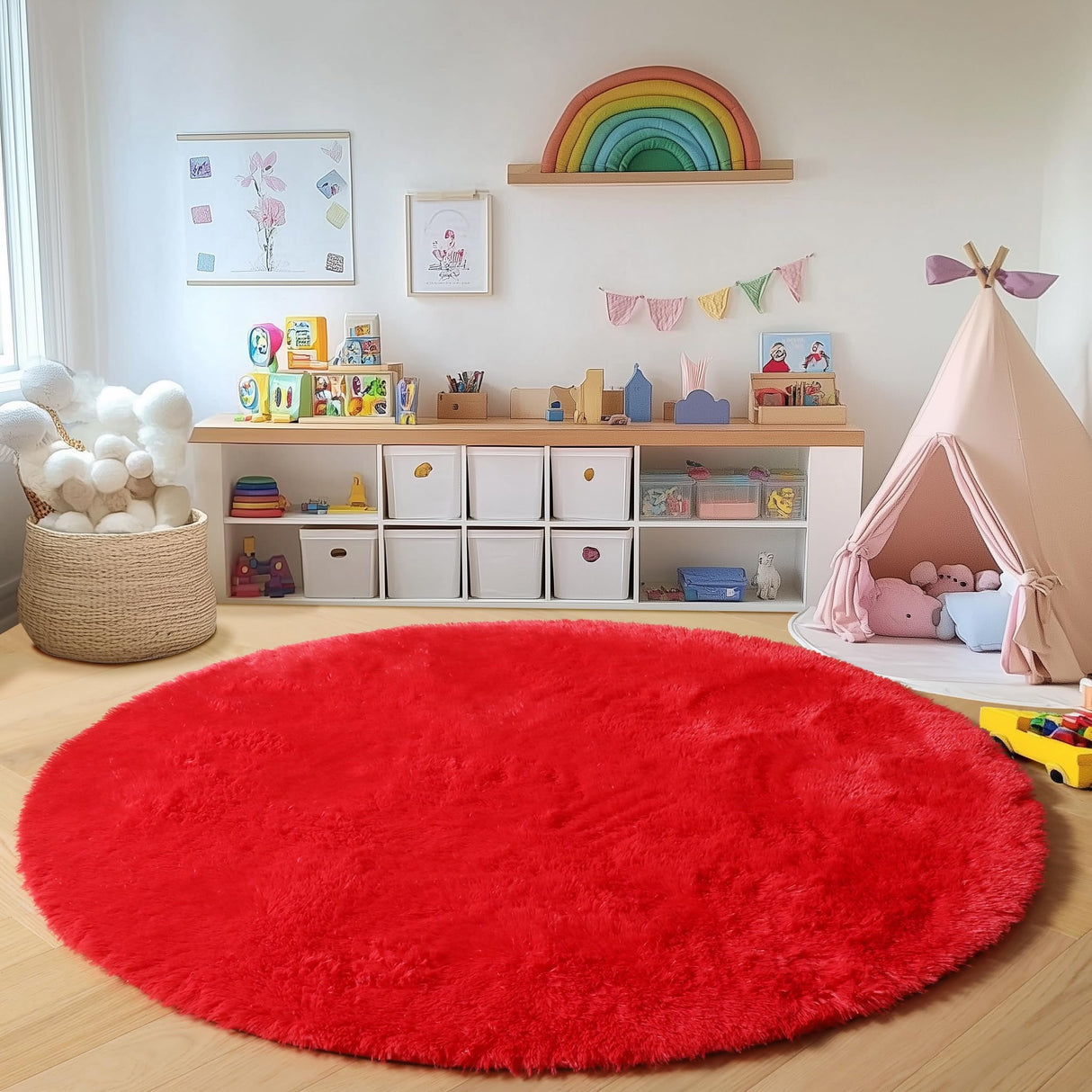 ONASAR Red Round Area Rug 4x4, Soft Bedroom Circle Rugs Floor Mat for Kids Girls Teen Room, Kawaii Fluffy Plush Shaggy Carpet for Nursery Living Room Playroom Christmas Home Decor Princess Castle