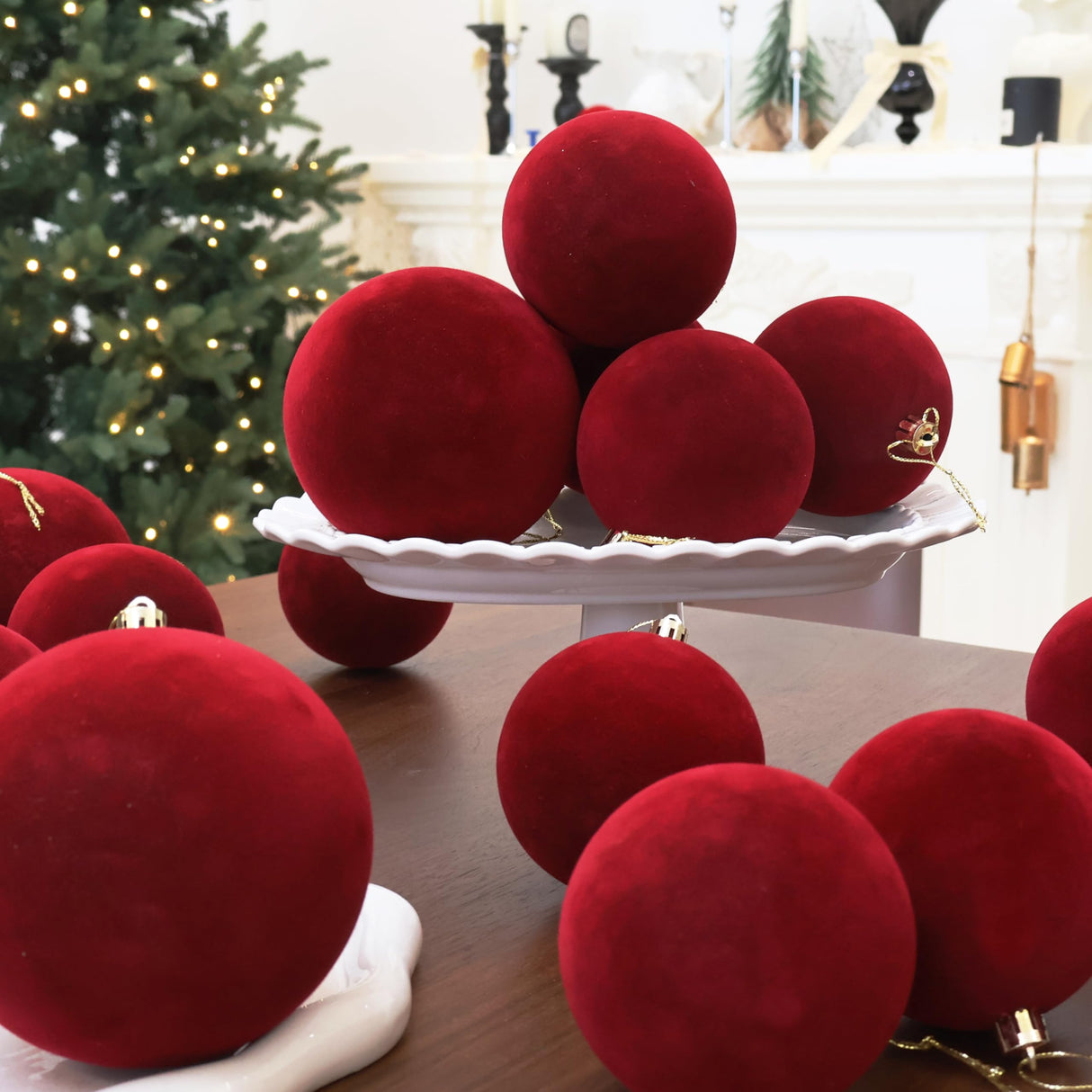 Senjie 3.15inch Christmas Tree Ornaments Velvet Balls,18PCS Flocked Decoration Balls Ornaments Sets for Christmas 2025 Red