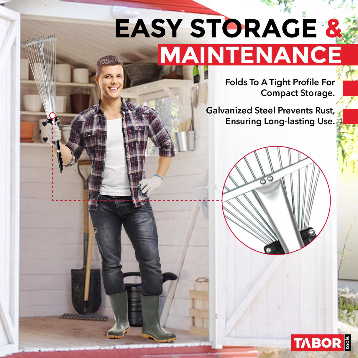 TABOR TOOLS J16A Adjustable Metal Rake with Expandable Head 8-23", Collapsible & Telescopic Leaf Rake for Lawns, Garden & Yard, Ideal for Leaves, Shrubs & Small Areas