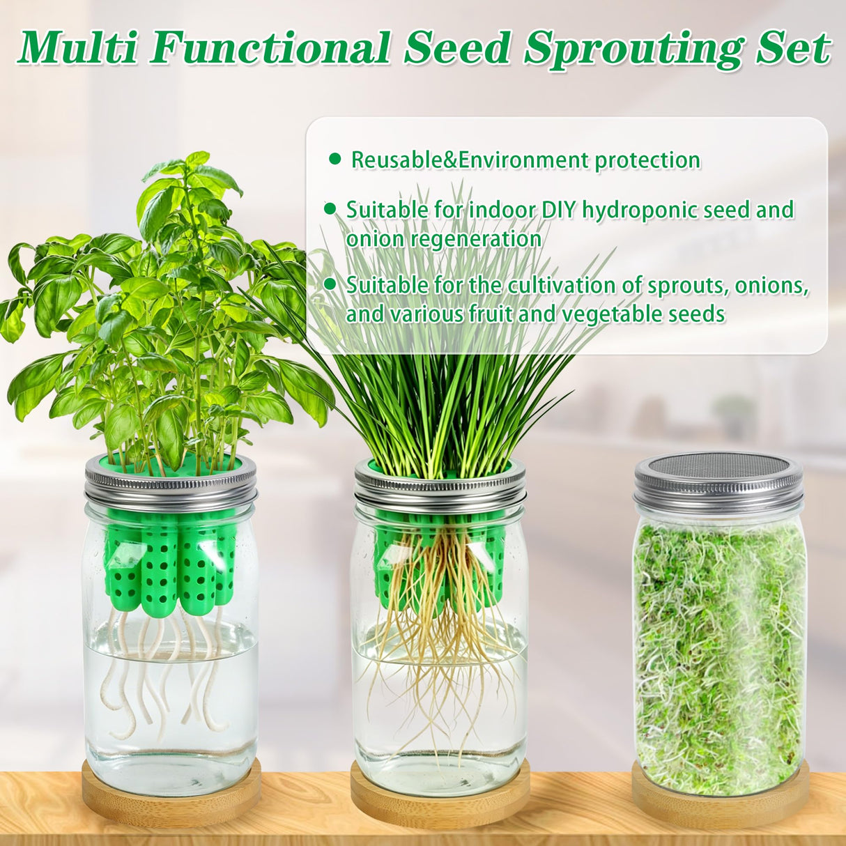 Bylion 2-in-1 Seed Sprouting Set- Green Onion Regrower Kits - Onion Planter Scallion, Grower Seed Sprouting Kit with Regrower Sprouting Lids, Mason Jar and Natural Bamboo Base for Windowsill Garden