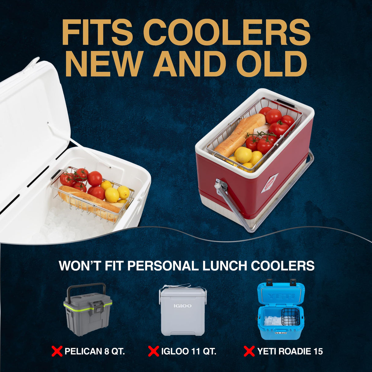 Adjustable Cooler Basket - Expands 11.75" to 18.5" - Non-Slip Rubber Handles, Universal Insert for Full Size Ice Chests, Dry Goods Tray Cooler Accessory - Fits Igloo, Coleman, Lifetime, Pelican, More