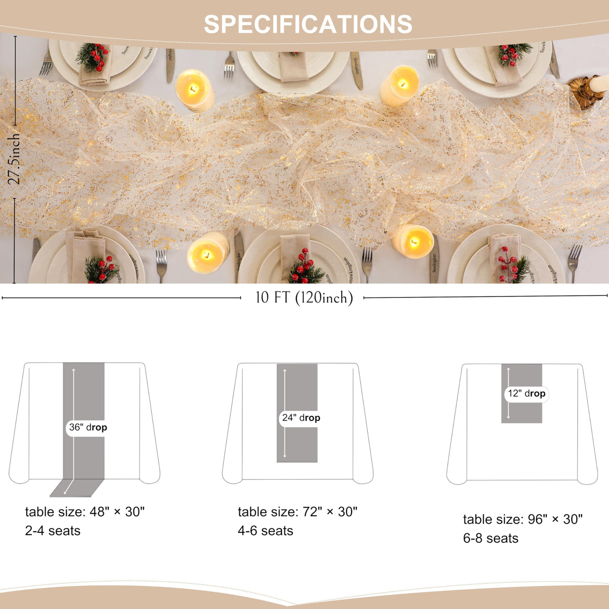 Snowkingdom 6Pcs 10 Ft Gold Table Runners, Sheer Chiffon Tulle Cheesecloth Golden Sequin Glitter Metallic Foil, Gold Party Table Decoration Centerpiece for Wedding Birthday Anniversary Christmas