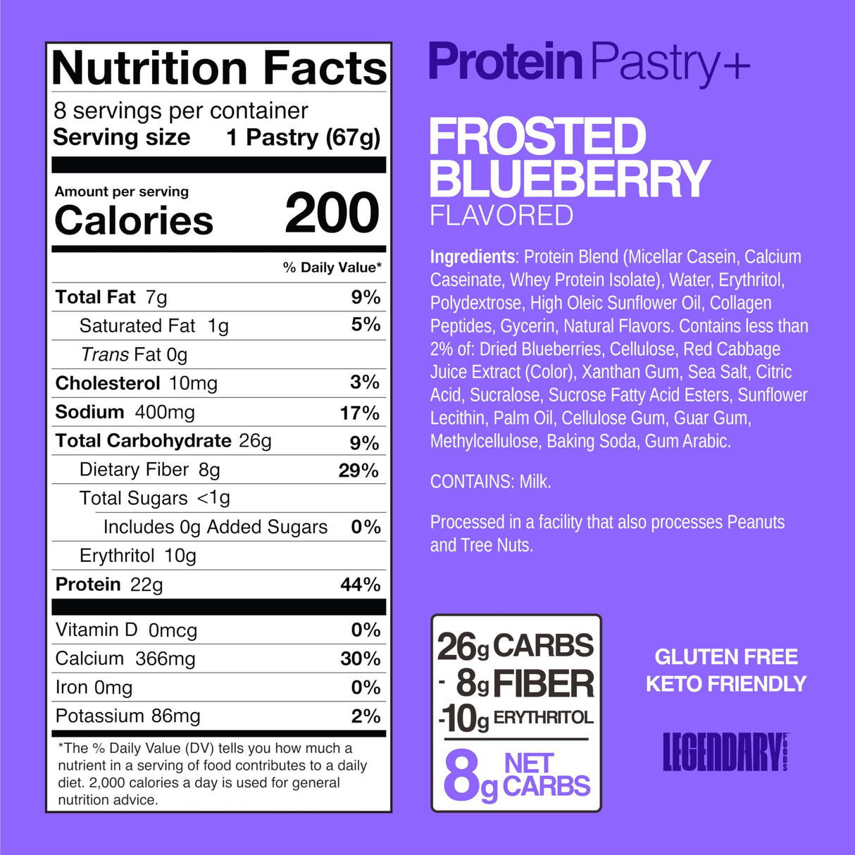 Legendary Foods 22g Protein Pastry+ Premium Low Carb Meal Replacement Bar - Low Glycemic, Gluten Free Protien Snacks - Healthy Keto Snack Box, 8x Zero Sugar Energy Bars - Bariatric Diabetic Friendly