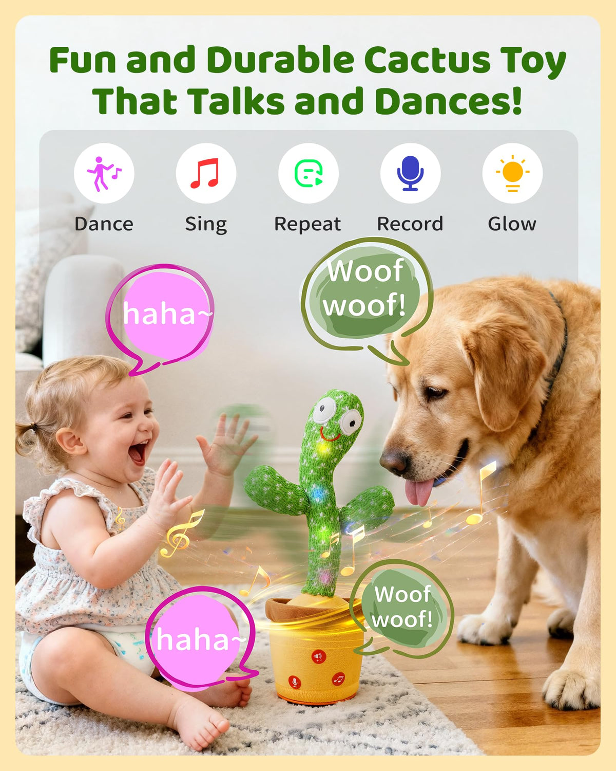 TWORIVER Adjustable Volume Dancing Talking Cactus Toy for Baby, Boys Girls