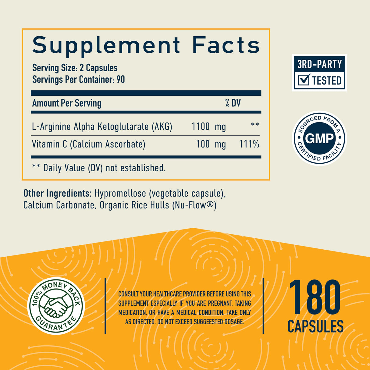 AKG Supplement | 1,100MG Per Serving | 180 Capsules | Alpha Ketoglutarate With Calcium + Vitamin C | For Healthy Aging, Longevity, Energy, and Focus | Vegan, Gluten-Free, Non-GMO, Third-Party Tested