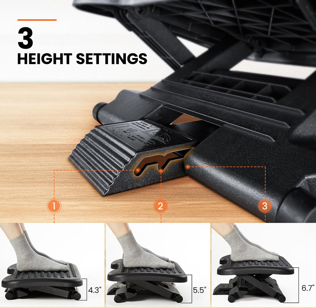 ErGear Under Desk Footrest, Adjustable Foot Rest with 3 Height Settings and 30-Degree Angle, Ergonomic Desk Foot Rest with Massage Texture, Foot and Leg Rest for Home & Office