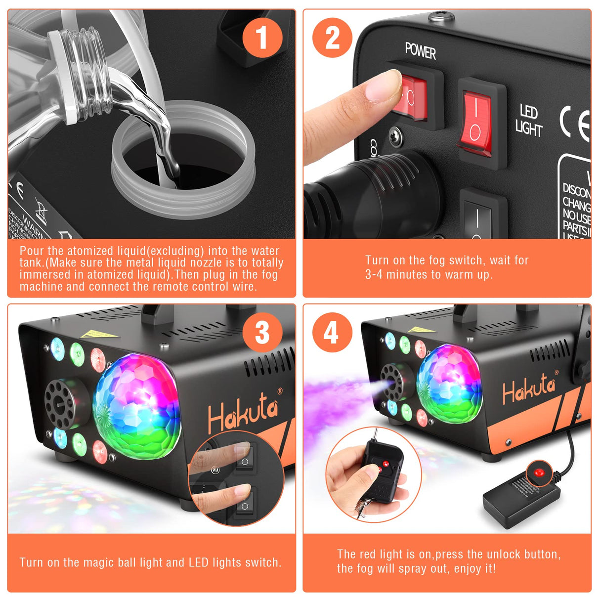 HAKUTA Fog Machine, Smoke Machine with Disco Ball Light and LED RGB Lights, 3000 CFM Spray with Auto Spray Function, Great for Halloween, Christmas, Wedding, Stage Performance and Parties