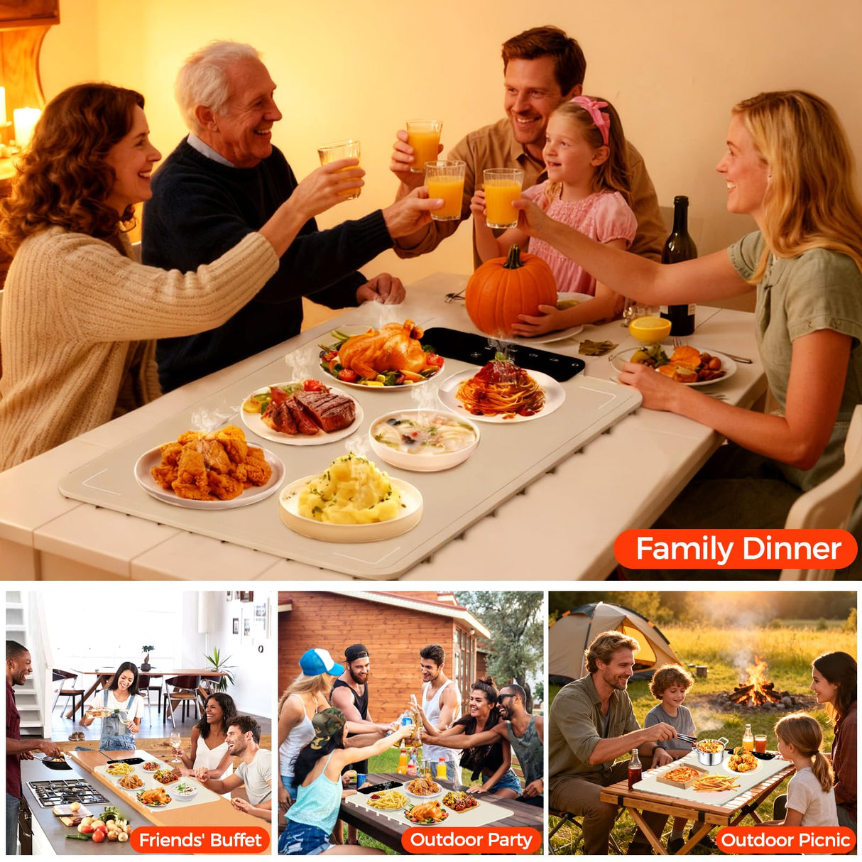 Warming Mat for Food | Dishwasher Friendly,Full-Surface Food Warmer with 6-Mode Adjustable and Timer,Roll-Up & Portable Silicone Food Heating Pad with Child Lock,Electric Warming Tray for Buffet Party