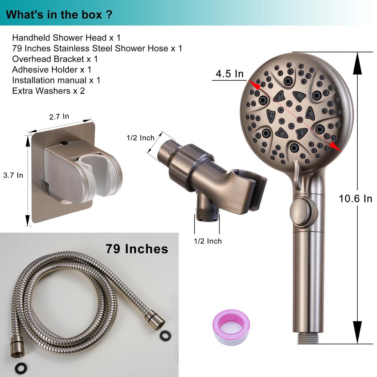 GwernKB Brushed Nickel Shower Heads Handheld with On Off Switch,8-Mode High Pressure Shower Wand with 79In Stainless Steel Hose&Bracket PLUS Low-Reach Adhesive Wall Mount Holder for Kids&Elderly