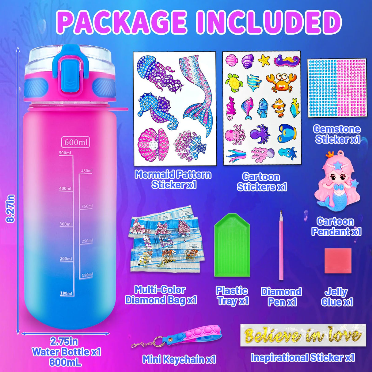 EDsportshouse Decorate Your Own Water Bottle Kits for Girls Age 4-6-8-10,Mermaid Painting Crafts,Fun Arts and Crafts Gifts Toys for Girls Birthday Christmas(Mermaid)