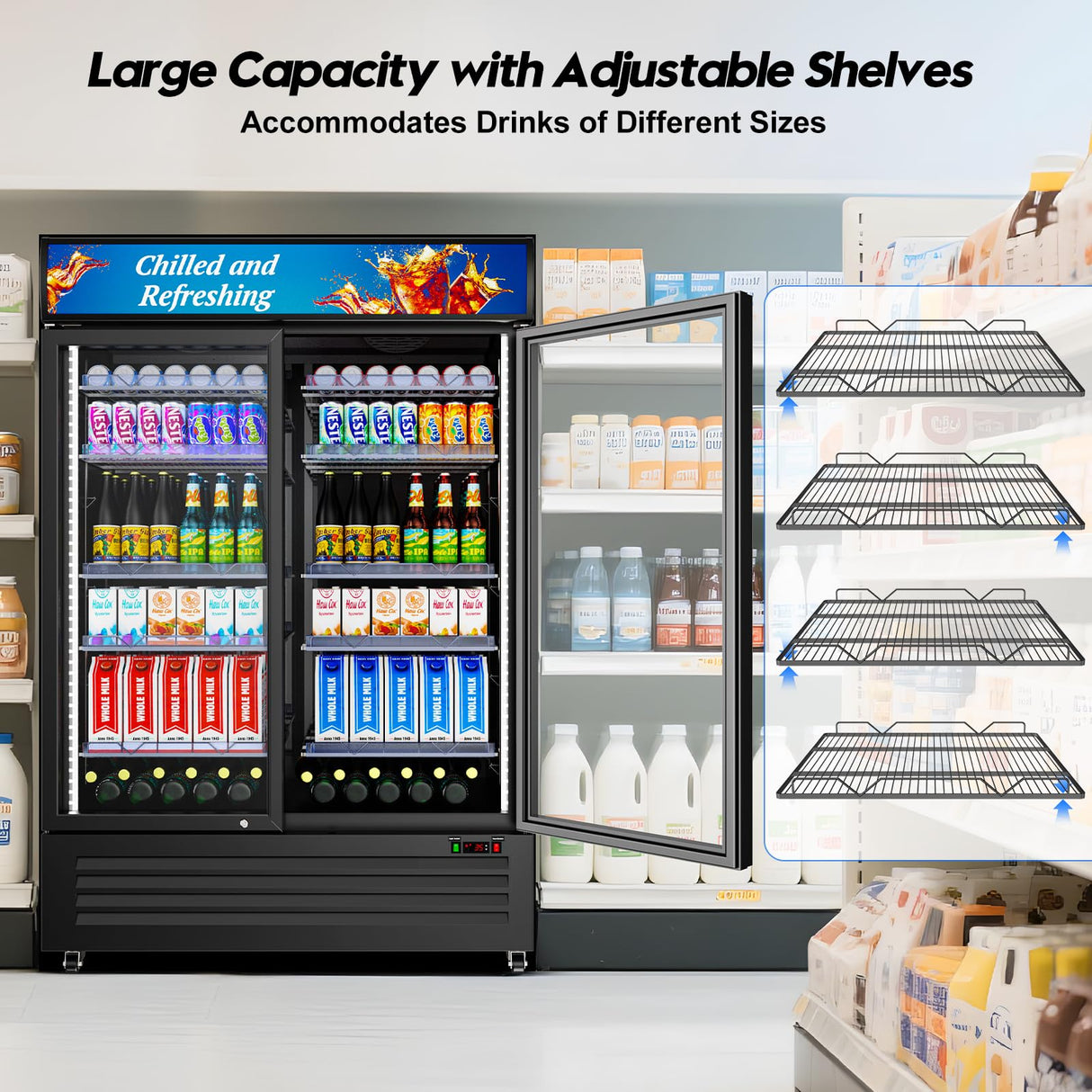 Velieta Commercial Beverage Refrigerator with 2 Glass Door, 383L Display Fridge Beverage Cooler with Customizable Lightbox Adjustable Shelves, Drink Fridge Merchandiser for Restaurant Shop, Black